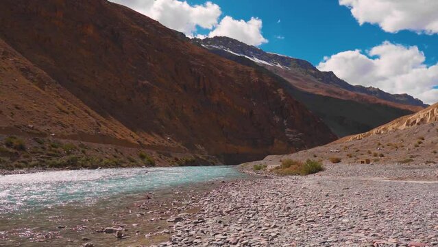 Landscape shot of Spiti river flowing in front of the Himalayan mountains at Spiti Valley in Himachal Pradesh, India. River flowing in the mountain valley of India. Nature background with copy space.