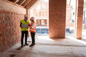 Fototapeta premium Building engineers standing inside building with laptop