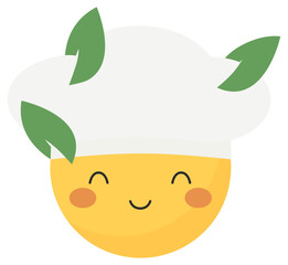 Vegan emoji face with chef tall hat with vegetables leafs. Yellow emoticon with white toque icon, to cook vegetarian food, to use in restaurant, menu, recipe book, cookbook, foodies, Social meida