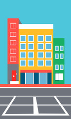 a simple color vector illustration depicting buildings on a city street for decoration and other illustrations