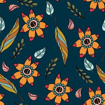 Seamless floral pattern in comic style, cartoon style, hand drawn, flowers, unusual, bright.