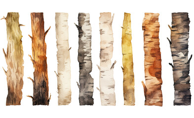 collection of soft watercolor bark isolated on a transparent background, generative ai