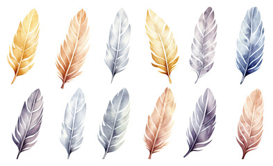 collection of soft watercolor feathers isolated on a transparent background, generative ai
