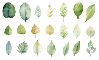 collection of soft watercolor leaves isolated on a transparent background, generative ai