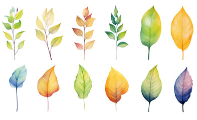 collection of soft watercolor leaves isolated on a transparent background, generative ai