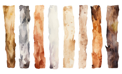 collection of soft watercolor tree bark patterns isolated on a transparent background, generative ai