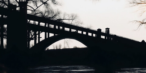 Ancient bridge passing through the river, panoramic view, retro photo