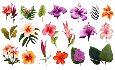 collection of tropical flowers isolated on a transparent background, generative ai