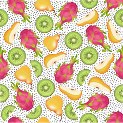 Seamless pattern with summer fruits: pear, kiwi,  and dragon fruit on a white background.