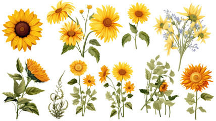 collection of daisies and sunflowers flowers isolated on a transparent background, generative ai