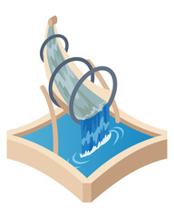 Isometric fountain icon for outdoor park. Modern architecture decor symbol with splashing drops. Vector city infographic with water decoration elements