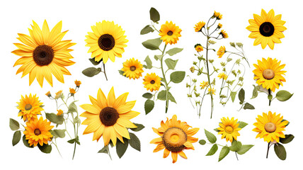 collection of daisies and sunflowers flowers isolated on a transparent background, generative ai