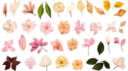 collection of petals and leaves flowers isolated on a transparent background, generative ai