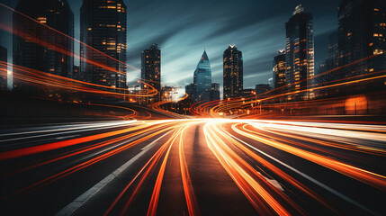 Fototapeta na wymiar Long exposure. view of the city, lines of lamps of cars, created with Generative AI