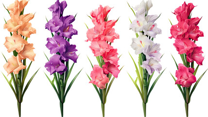 collection of gladiolus flowers isolated on a transparent background, generative ai