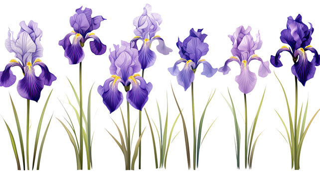 collection of irises flowers isolated on a transparent background, generative ai