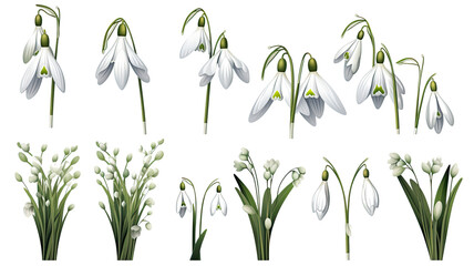 collection of snowdrops flowers isolated on a transparent background, generative ai