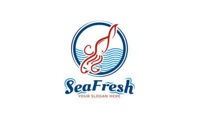 Squid with blue ocean line emblem logo design. Usable for seafood restaurant, catering, and resort logo