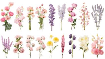 collection of soft pastel bouquets of soft pastel flowers isolated on a transparent background, generative ai