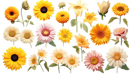 collection of soft pastel daisies and sunflowers flowers isolated on a transparent background, generative ai