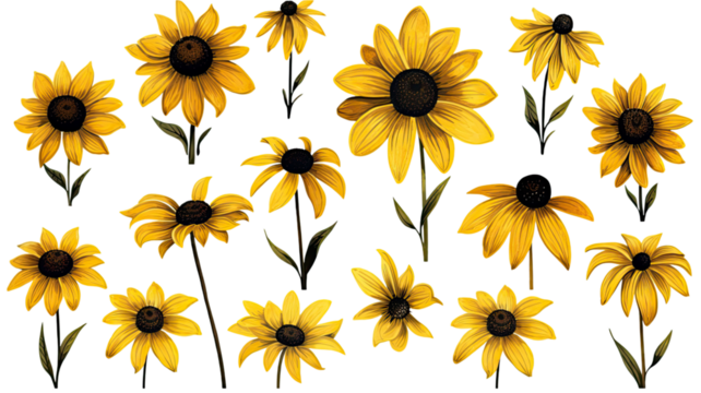 collection of hand drawn black-eyed susans flowers isolated on a transparent background, generative ai