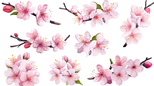 collection of hand drawn cherry blossoms flowers isolated on a transparent background, generative ai