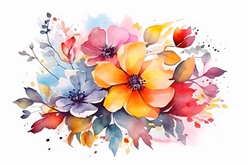 colorful bouquet of flowers illustration on white background. , for wedding stationary, greetings, textile, wallpapers, fashion, wrappers, card. Generative AI.