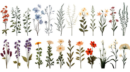 collection of hand drawn wildflowers flowers isolated on a transparent background, generative ai