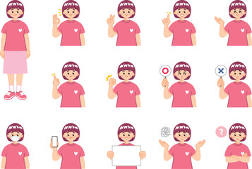 若い女性　表情とジェスチャーのイラスト素材セット