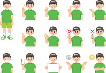 男子小学生　表情とジェスチャーのイラスト素材セット