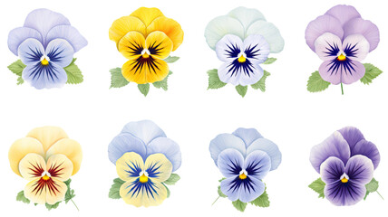 Obraz premium collection of soft pastel pansies flowers isolated on a transparent background, generative ai