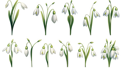 Fototapeta na wymiar collection of soft pastel snowdrops flowers isolated on a transparent background, generative ai