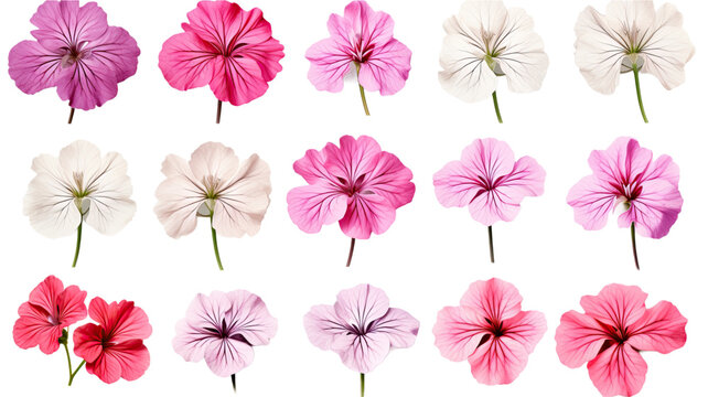 collection of soft pastel geraniums flowers isolated on a transparent background, generative ai