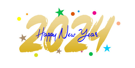 Happy New Year 2024 brush painted text effect calligraphic. Vector illustration background for new year's and happy wishes with stars and balls