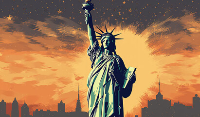 Obraz premium American Statue of Liberty illustrated design - Generative Ai