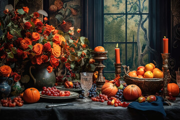 Festive Autumn Table Decoration Floral Atmosphere - Generative Ai