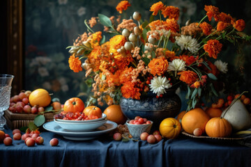 Obraz na płótnie Canvas Festive Autumn Table Decoration Floral Atmosphere - Generative Ai