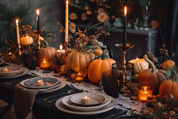 Fototapeta na wymiar Romantic Table Decoration Thanksgiving Autumn - Generative Ai