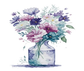 Painting of flowers in a clear vase with watercolors Gernerative Ai