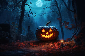 Fototapeta premium Spooky Halloween Pumpkin Design Jack O Lantern - Generative Ai