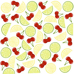 Seamless fruit pattern. Fruit background. Summer bright background with lemon and cherry.