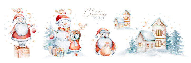 Watercolor Merry Christmas illustration with snowman, christmas tree, santa holiday invitation. Christmas gift celebration cards. Winter new year design.