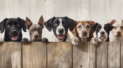 Smiling cute dogs of different breeds peek out from behind a wooden fence. Banner with animals. Generative AI
