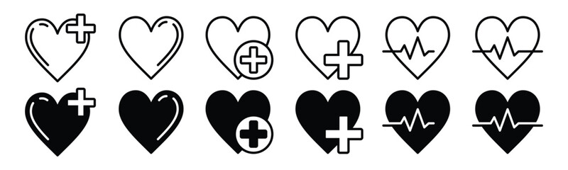 Medical health care icon set. Heart, Heartbeat, love, heart beat pulse icon symbol in line and flat style on white background with editable stroke for apps and websites. Vector illustration