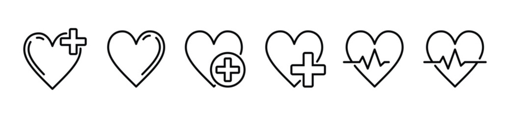 Obraz premium Medical health care icon set. Heart, Heartbeat, love, heart beat pulse icon symbol in line style on white background with editable stroke for apps and websites. Vector illustration