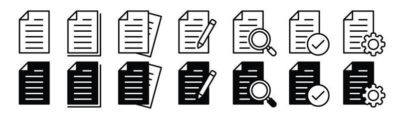 Paper documents icons. File, paper, check, pen, setting, search agreement document icon symbol in line and flat style on white background for apps and websites. Vector illustration