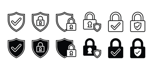 Security shield icons set in line and flat style. Secure icon. Shield protection with check mark and padlock symbol on white background with editable stroke for apps and websites. Vector illustration