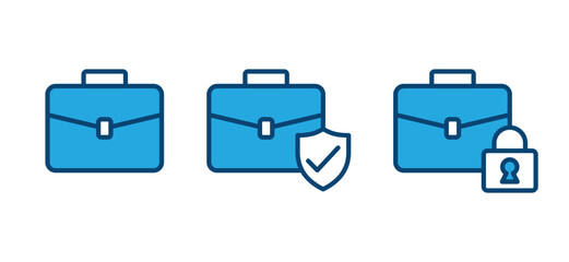 Briefcase icons set. Briefcase with shield and check mark, padlock symbol. Business protection, insurance, secure, safety. Vector illustration