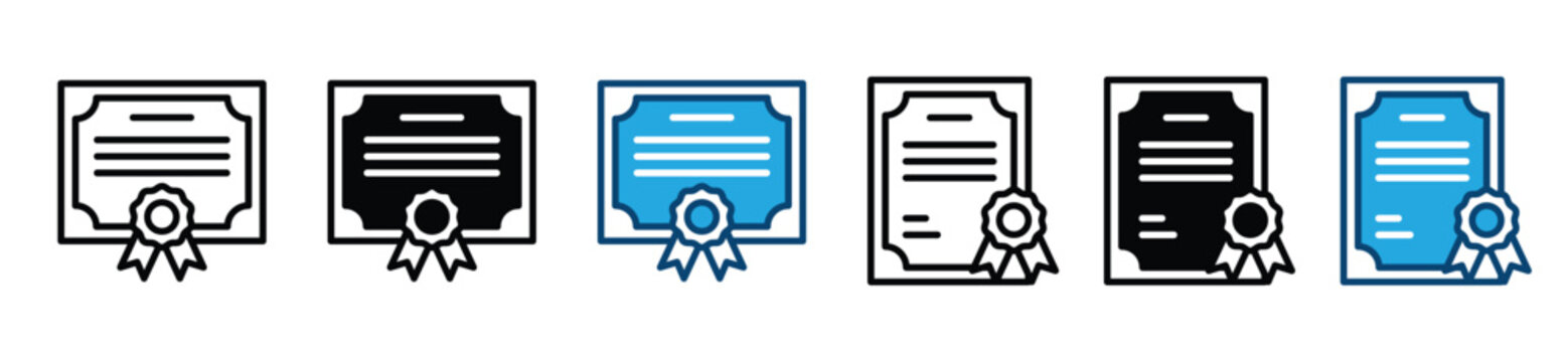 Certificate document icons in line and flat style. Certification, license icon symbol on white background. Vector illustration