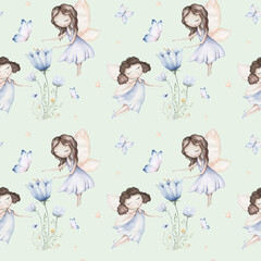 Fairy and Flowers watercolor seamless girls nursery pattern. Cartoon pink magic girl baby background. Faitytale textile art